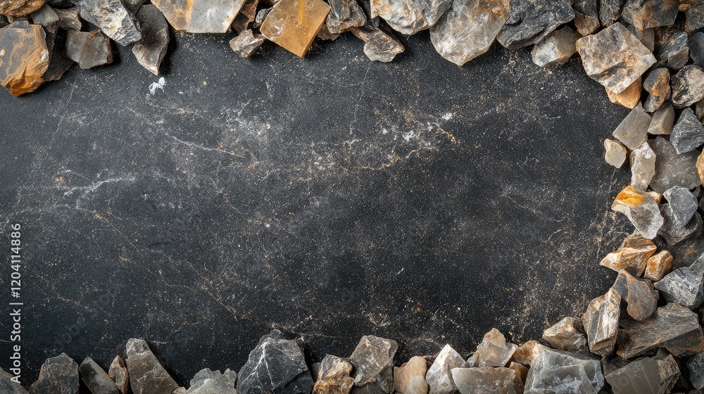 Poster black stone surface framed by colorful gravel stones with copy space for text or design elements. su