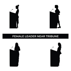 Vector Illustration of Female Leader Near Tribune. Simple Flat Design Depicting Empowerment, Political Leadership, and Public Engagement.