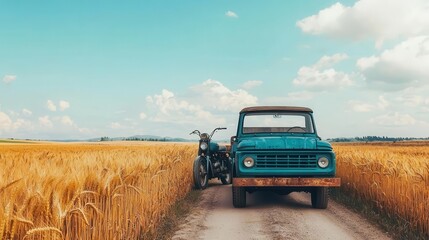 Old pickup truck towing a vintage motorcycle, dirt road, golden wheat fields, rural countryside charm, vintage transport, rustic vibes
