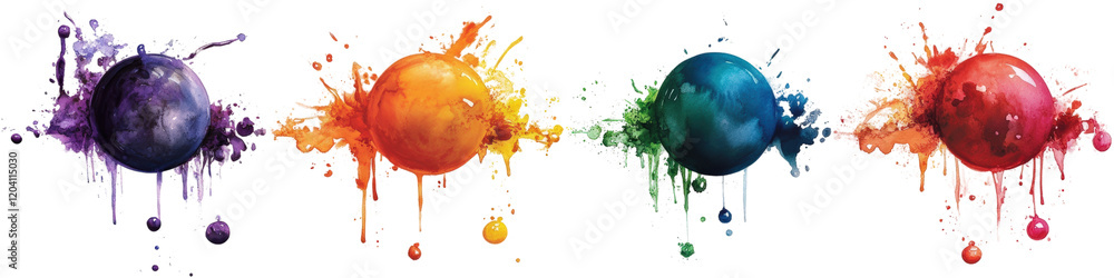 Poster colorful paint splashes on a black background creating an abstract artistic composition isolated on 