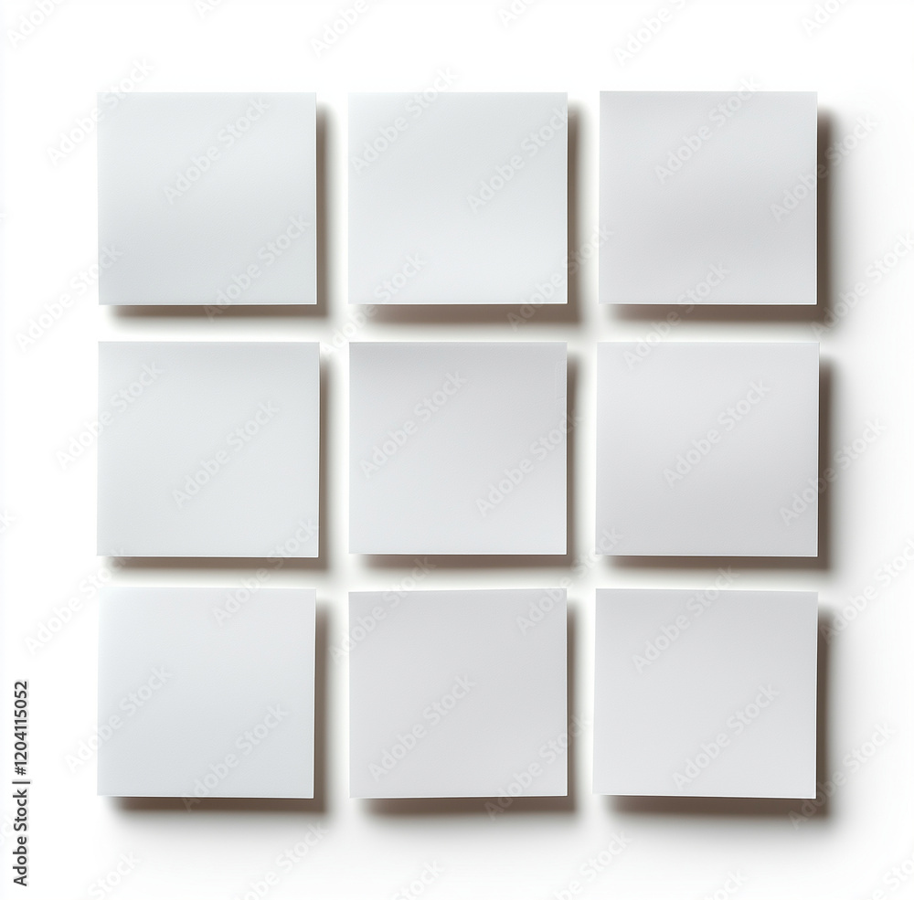 Poster blank white sticky notes arranged in grid on white background, perfect for reminders or brainstormin