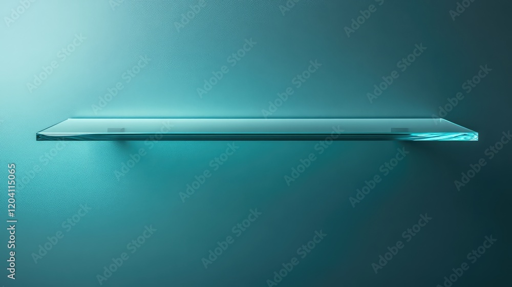 Poster transparent glass shelf against a teal background with soft lighting and ample copy space for text p