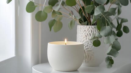 Candle with flame placed on white table beside decorative plant in modern interior setting Copy Space