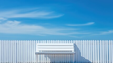 Fototapeta premium White wooden bench against a clear blue sky with clouds and a white picket fence Copy Space