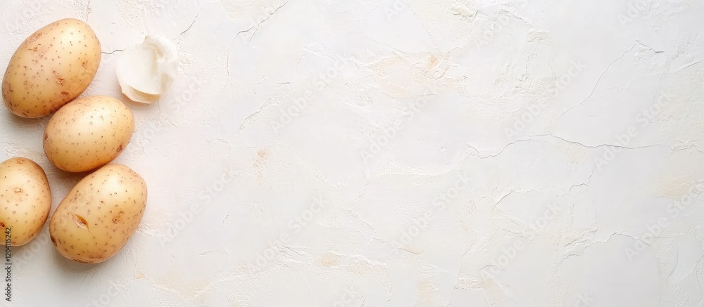 Poster fresh potatoes with brown skin arranged on a textured white background with copy space for text inse