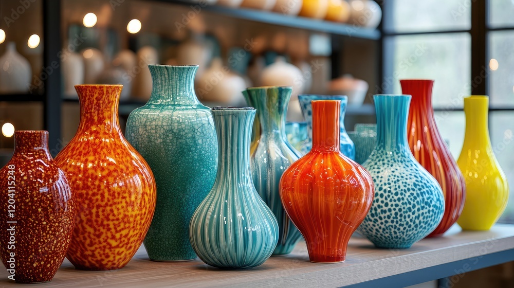 Poster collection of colorful ceramic vases in various shapes and sizes displayed on a wooden table with bl