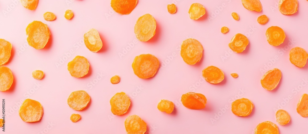 Poster sliced carrots scattered on pink background with copy space for text or design use