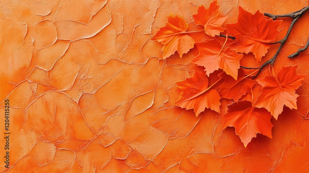 Poster orange textured background with vibrant orange maple leaves arranged artistically with ample copy sp
