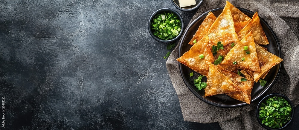 Poster fried triangular pastries with green onions on a dark stone background with copy space for text