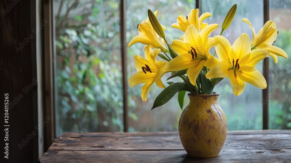 Aufkleber yellow lilies in a rustic vase on a wooden table with blurred green garden background and ample copy