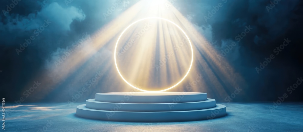 Poster illuminated golden circle on white pedestal with rays of light in a dark atmospheric environment cop