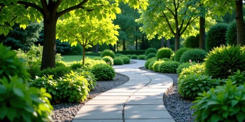 Obraz premium Serene Landscape Featuring a Winding Stone Path Through Lush Greenery, Illuminating a Tranquil Garden Scene