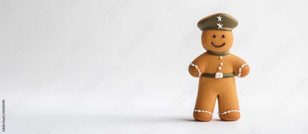Poster gingerbread cookie soldier figure with a hat standing on a plain background with copy space for text
