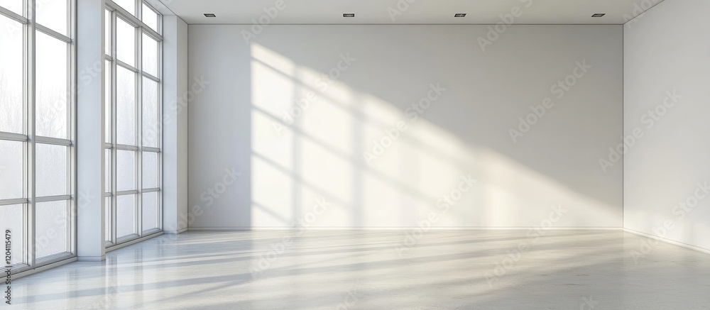 Aufkleber empty modern interior space with large windows casting shadows on the floor and white walls, featuri