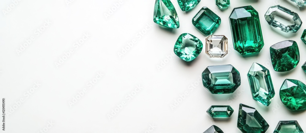Poster various emerald and green gemstones arranged on a white background with copy space for text insertio