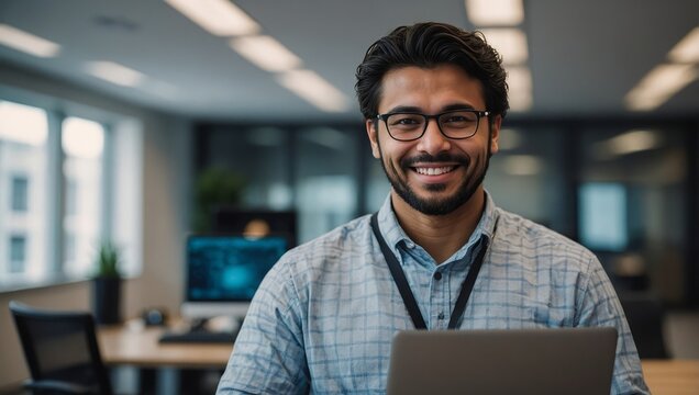 Portrait of a focused IT technician in a modern office, holding a laptop and a network cable, smiling at the camera - Powered by Adobe