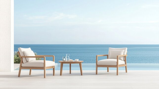 A serene coastal scene featuring two stylish chairs and a small table, perfect for relaxation and enjoying the ocean view.