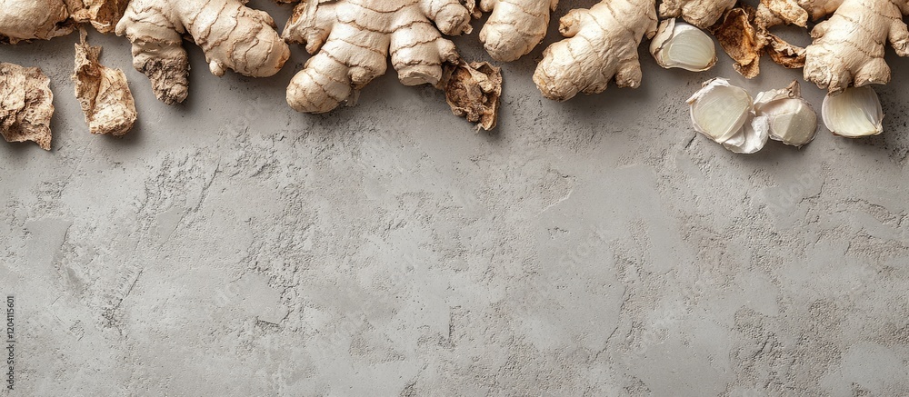 Poster fresh ginger root and slices on textured concrete background with ample copy space for text or brand