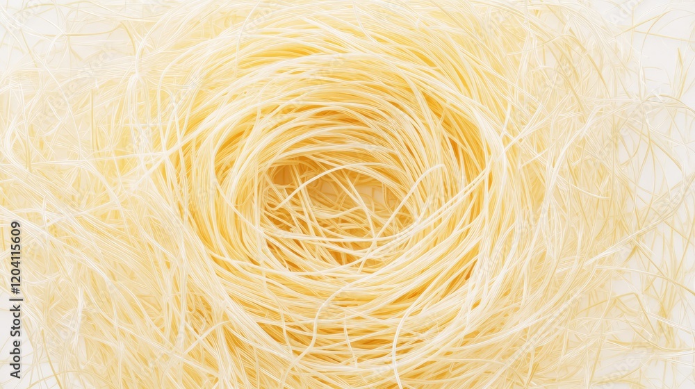 Poster Raw uncooked vermicelli pasta in a circular nest formation on a white background with ample copy space for text placement