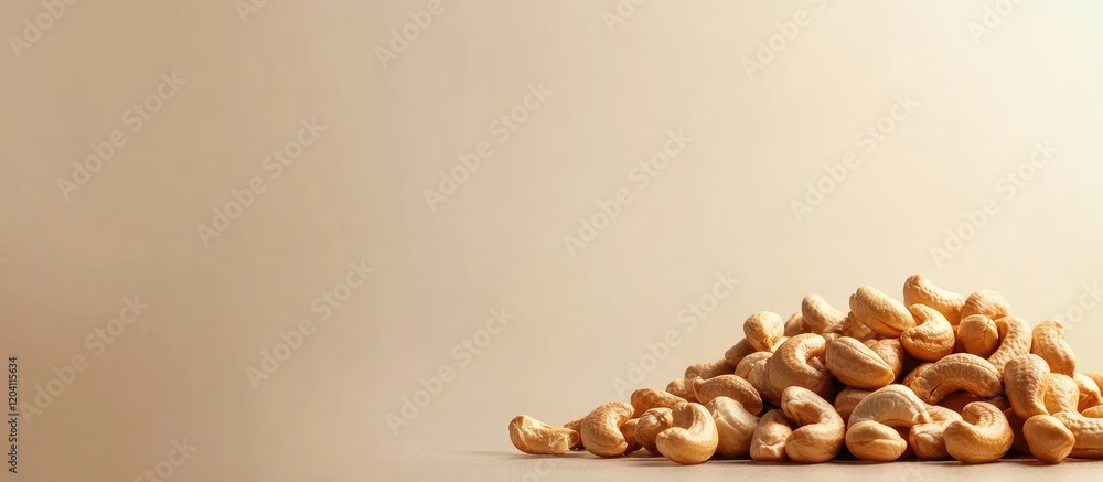 Poster cashew nuts stacked on a light background with copy space for text insertion