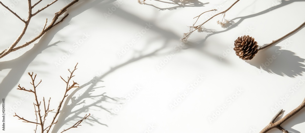 Poster natural elements composition with twigs and pine cone casting shadows on white background featuring 