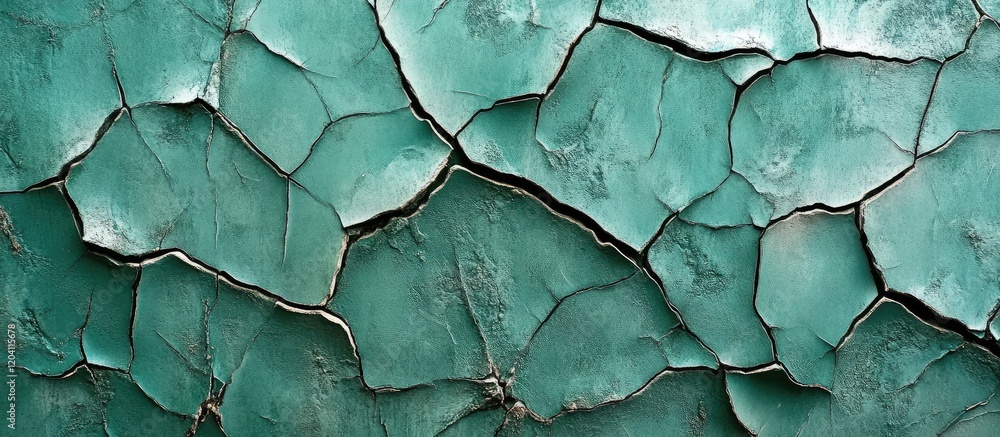 Aufkleber cracked turquoise paint texture on a weathered surface with visible imperfections and copy space for