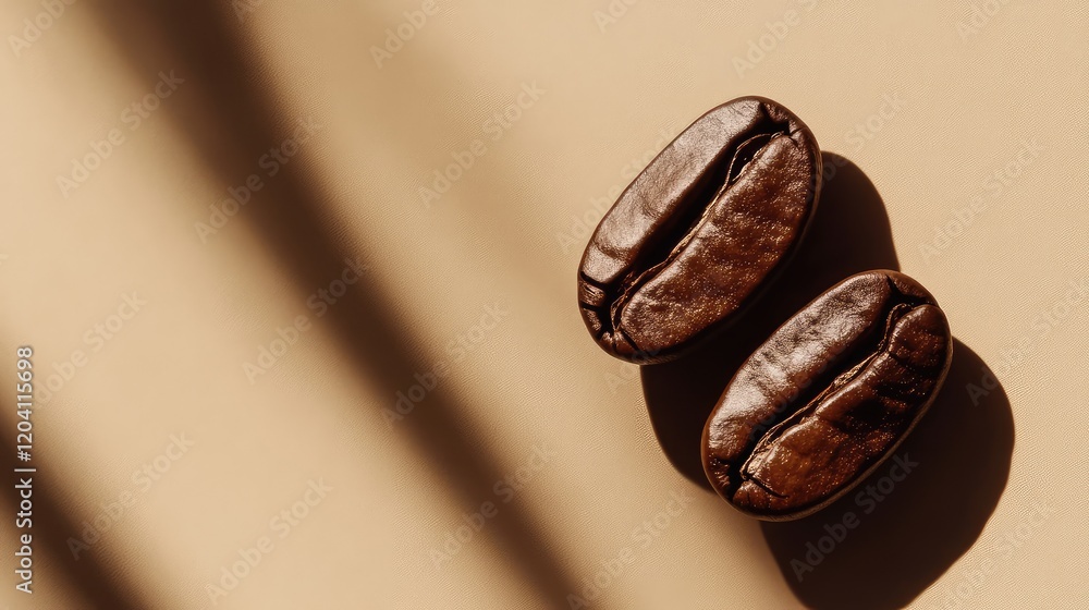 Poster close-up of two coffee beans on a beige surface with soft shadows and copy space for text placement.