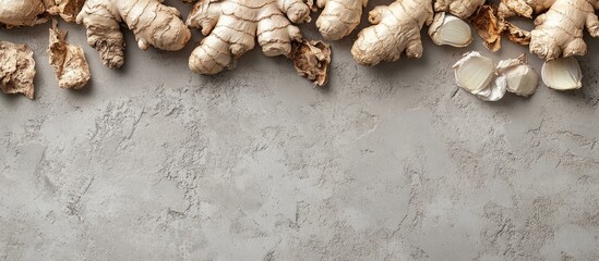 Fresh ginger root and slices on textured concrete background with ample copy space for text or branding.