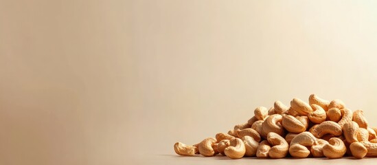 Cashew nuts stacked on a light background with copy space for text insertion