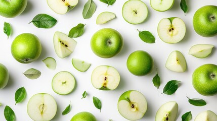 Green apple slices and whole apples scattered with fresh leaves on a white background Copy Space
