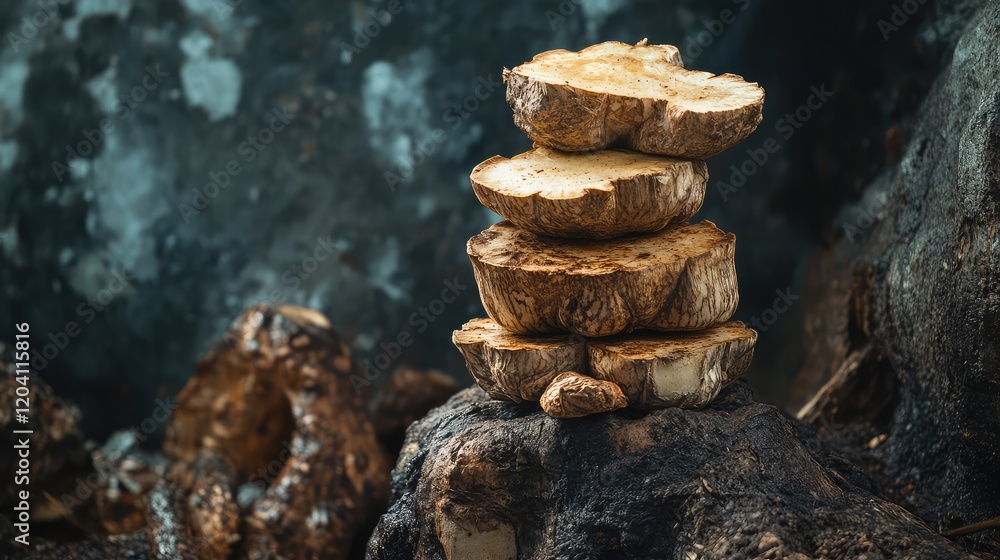 Poster stacked cross-sections of rustic tree logs on a dark background with textured bark and copy space fo