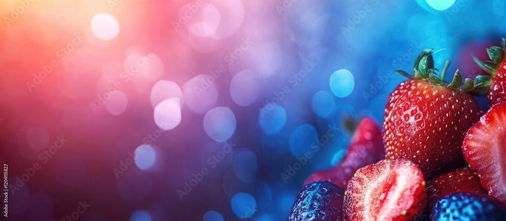 Poster strawberries on a colorful bokeh background with copy space for text use