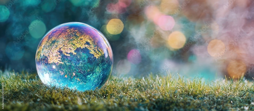 Poster colorful soap bubble reflecting a miniature earth landscape on blurred bokeh background with copy sp