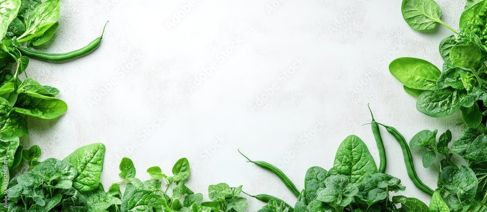 Poster fresh green spinach and pea leaves arranged on a light textured background with ample copy space for
