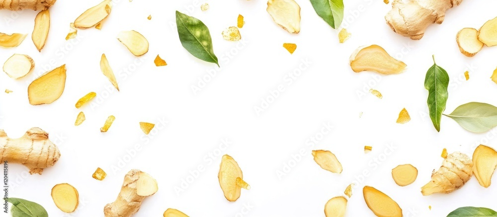Poster ginger slices and green leaves arranged on a white background with copy space for text or graphics