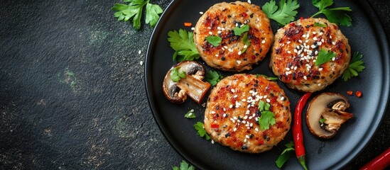 Three savory vegetable patties on a black plate garnished with mushrooms, chili, and fresh herbs on a dark textured background with Copy Space.