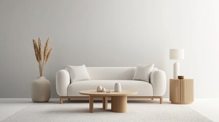 A minimalist living room featuring a white sofa, wooden furniture, a decorative plant, and soft lighting, creating a serene and inviting atmosphere.