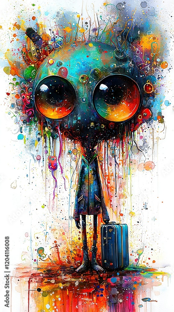 Poster a portrait of a person with large eyes and a suitcase in front of a mirror image of themselves, with
