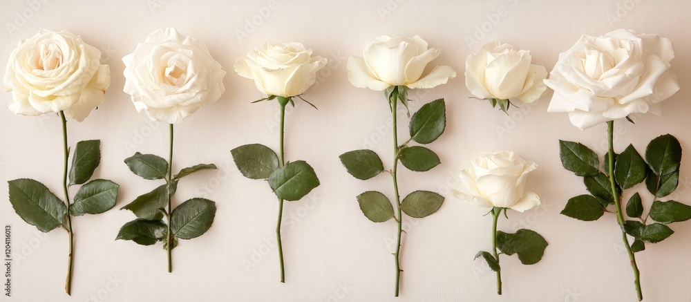 Poster white roses arranged in a line on a light background with varying lengths and stages of bloom copy s