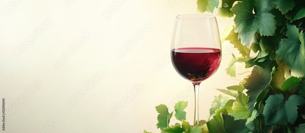 Poster red wine glass surrounded by green grape leaves on light background with ample copy space for text o