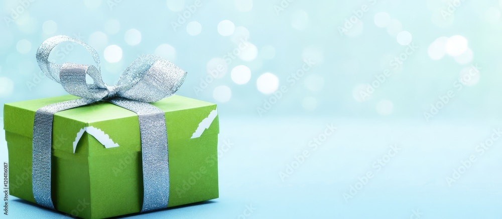 Poster green gift box with silver ribbon on a light blue background with bokeh effect and copy space for te
