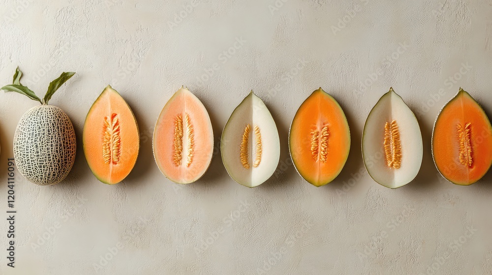 Poster sliced melons on a textured surface showcasing various varieties and colors with copy space for text