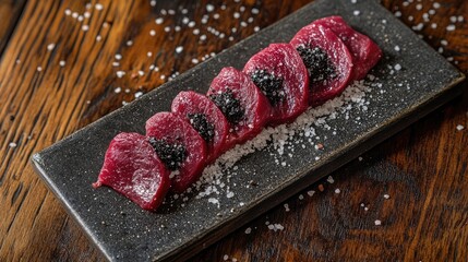 Sliced raw meat on a black rectangular plate with black caviar and coarse salt on a wooden background Copy Space