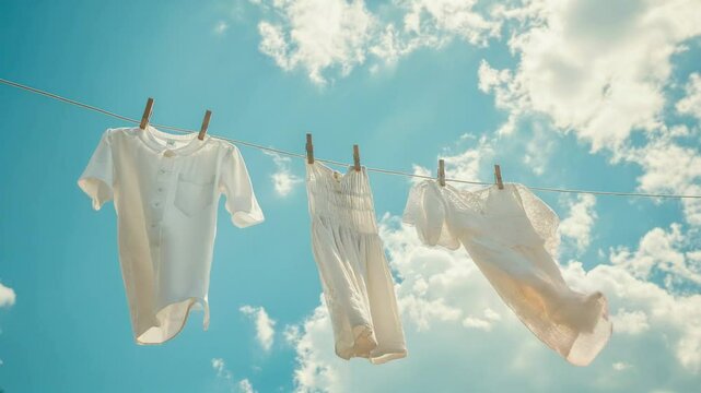 Clothesline Serenity: Three pristine white garments, gently swaying on a clothesline against a vibrant blue sky dotted with fluffy white clouds, evoke a sense of calm and fresh laundry. 