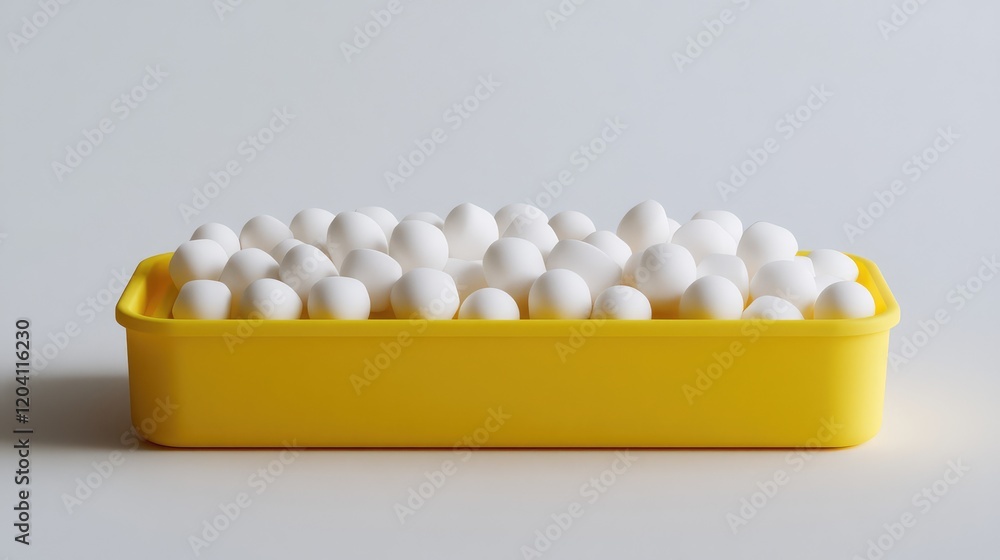 Poster container filled with white eggs on a plain background with copy space for text placement.