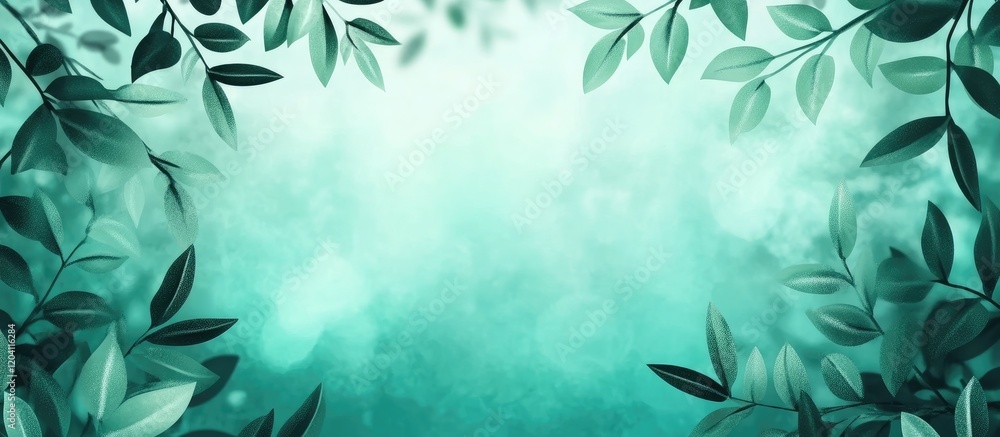 Poster green gradient background with soft bokeh effects and foliage leaves framing the edges copy space