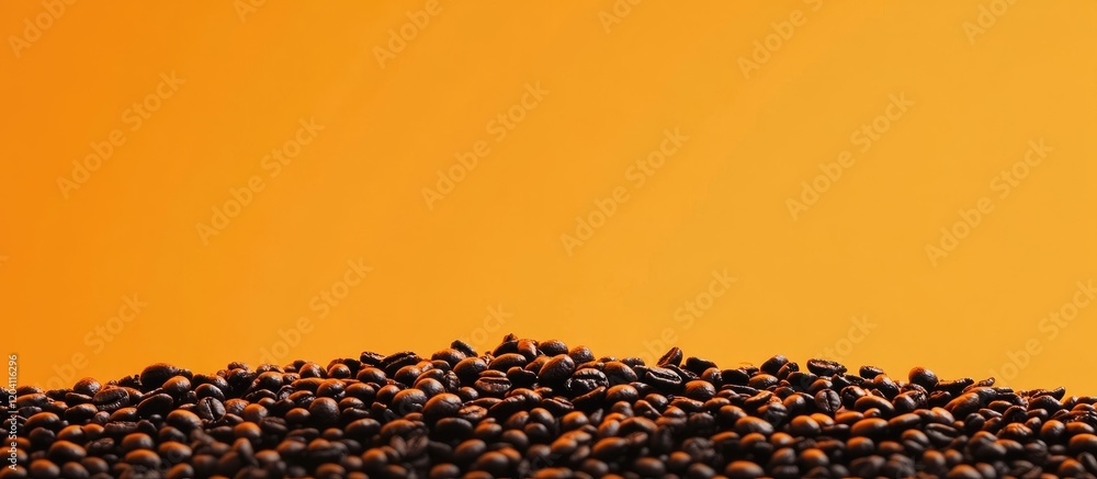 Poster coffee beans scattered on a smooth surface with a bright orange background and ample copy space for 
