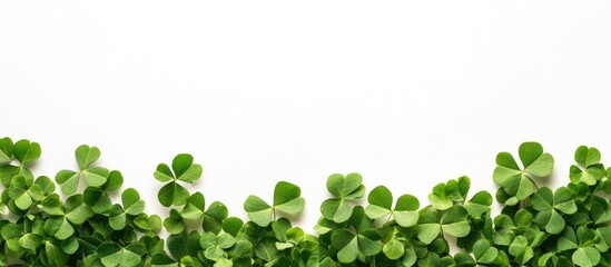 Green clover leaves border on white background with copy space for text placement