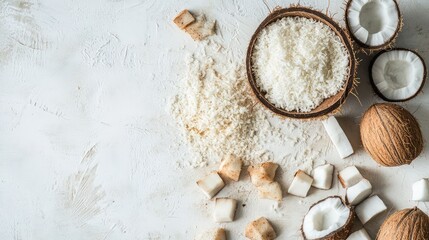 Coconut flakes and shredded coconut in a bowl with fresh coconut halves and chunks on a textured surface with Copy Space