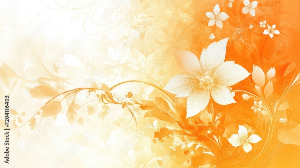 Poster ornate floral background design in soft orange and white tones with abstract floral elements and cop